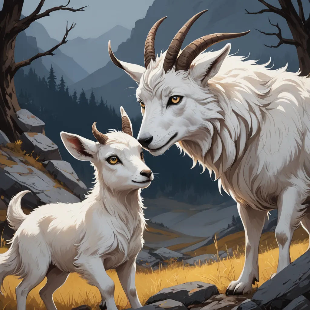 a painting of two goats standing next to each other on a hillside with trees and rocks in the background, furry art, a digital painting, Anato Finnstark, trending on art station