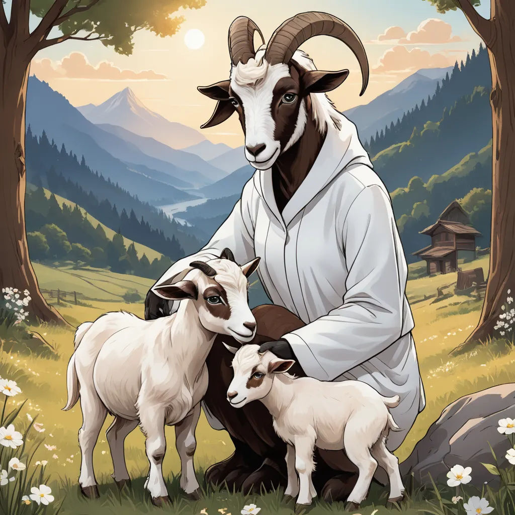 a man kneeling down with two goats in a field of grass and flowers in front of a mountain range, furry art, a character portrait, Bedwyr Williams, trending on furaffinity