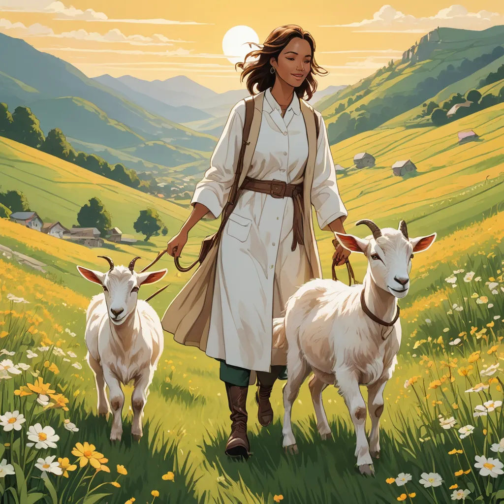 a painting of a woman walking two goats in a field of flowers and grass with a sunset in the background, altermodern, a storybook illustration, Christophe Vacher, promotional image