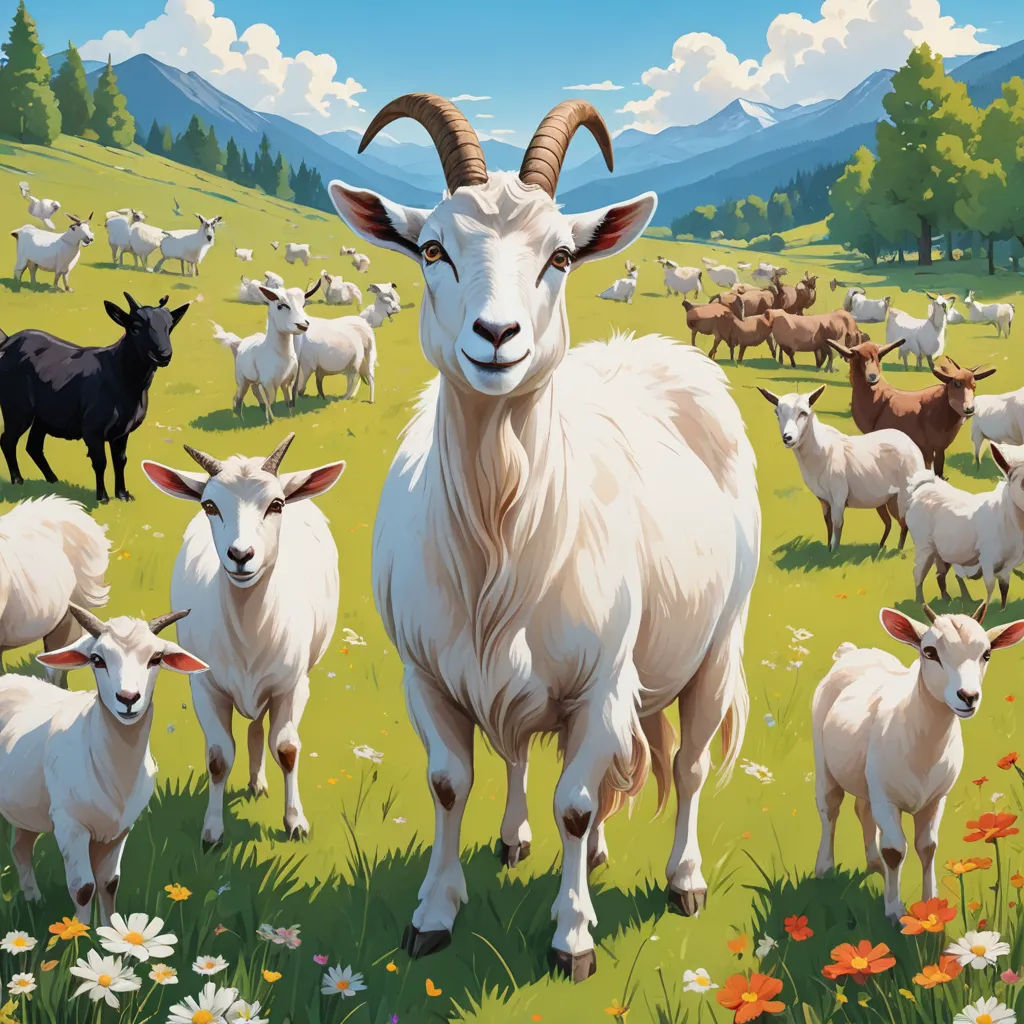 a painting of a goat and a herd of sheep in a field of flowers and daisies with mountains in the background, altermodern, a poster, Chris LaBrooy, furaffinity