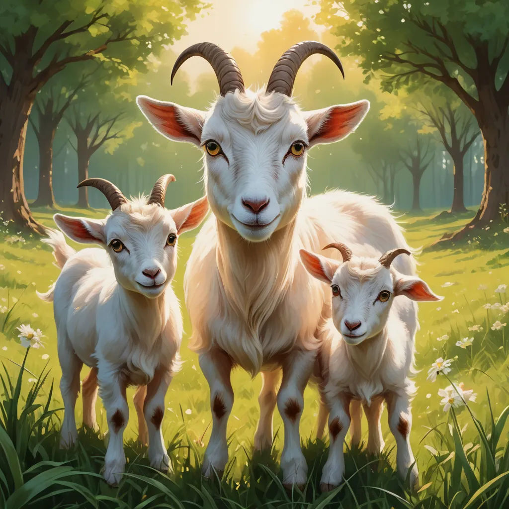 a painting of three goats standing in a field of grass with trees in the background and a sun shining through the trees, altermodern, a digital painting, Chris LaBrooy, official art