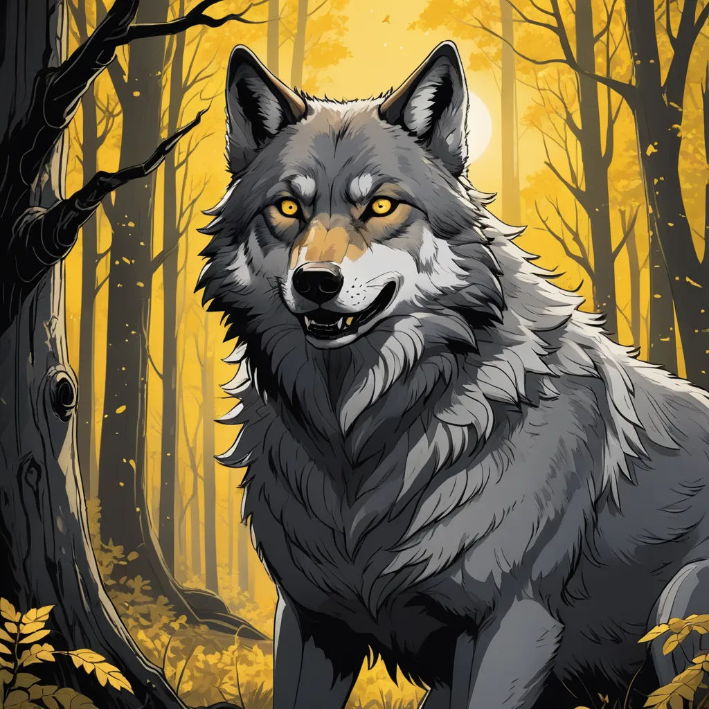 a wolf standing in a forest with a full moon in the background and trees and leaves around it,, furry art, a character portrait, Dan Mumford, trending on art station