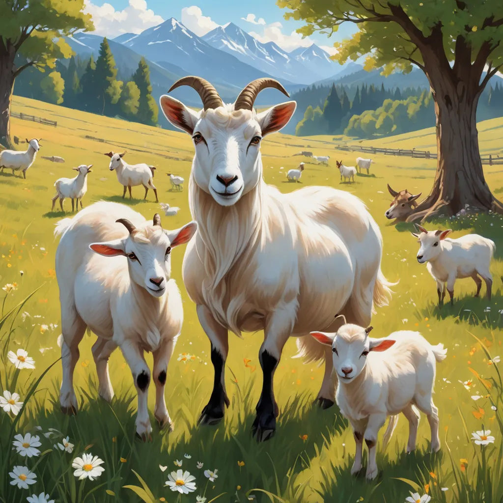 a painting of a goat and her babies in a field of grass and flowers with mountains in the background, rayonism, a storybook illustration, Chris LaBrooy, furaffinity