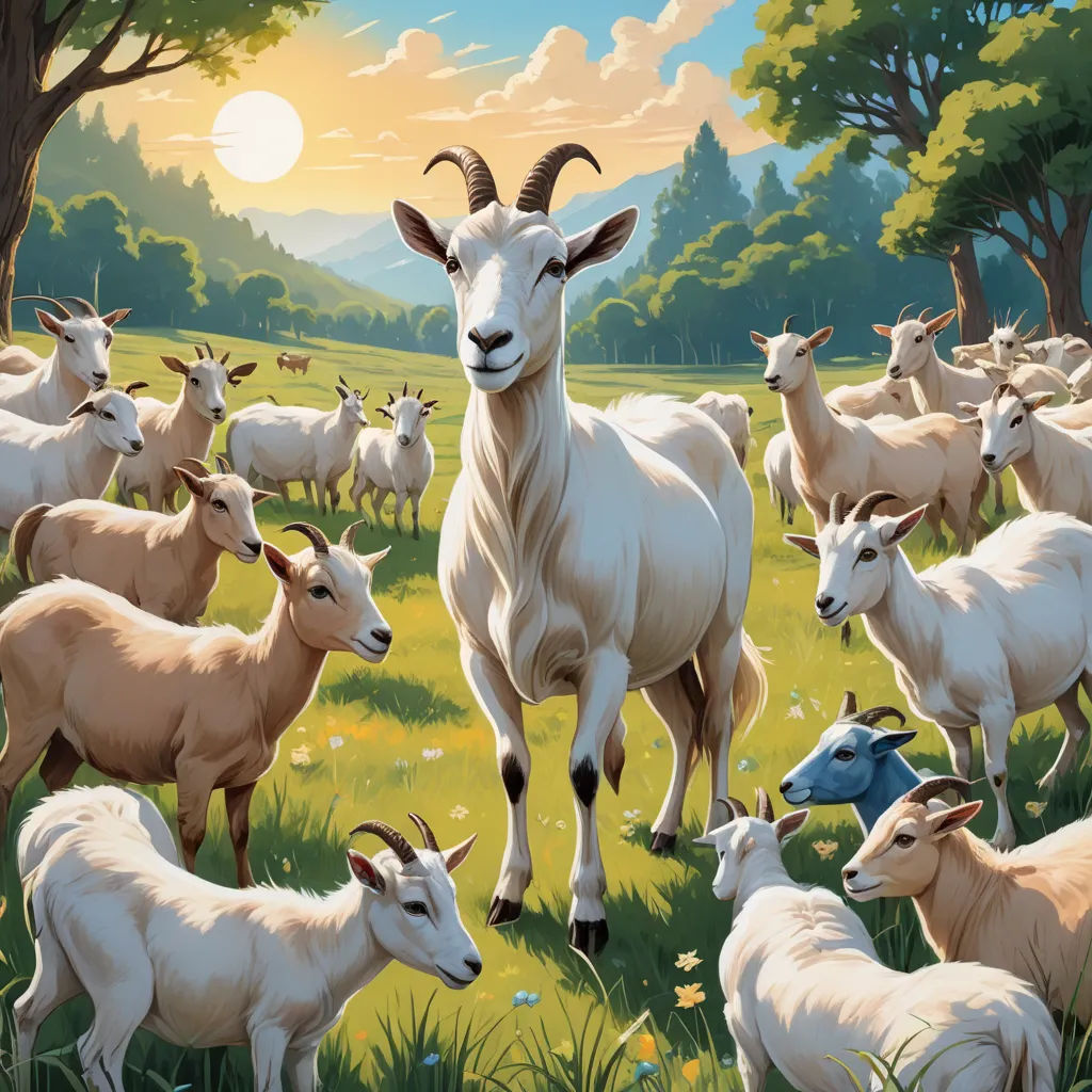 a painting of a goat and its herd in a field of grass and trees with the sun in the background, altermodern, a storybook illustration, Chris LaBrooy, furaffinity