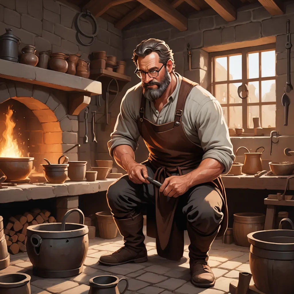 a man in an old fashioned kitchen with pots and pans on the floor and a fire in the fireplace, fantasy art, a character portrait, Andreas Rocha, epic fantasy character art