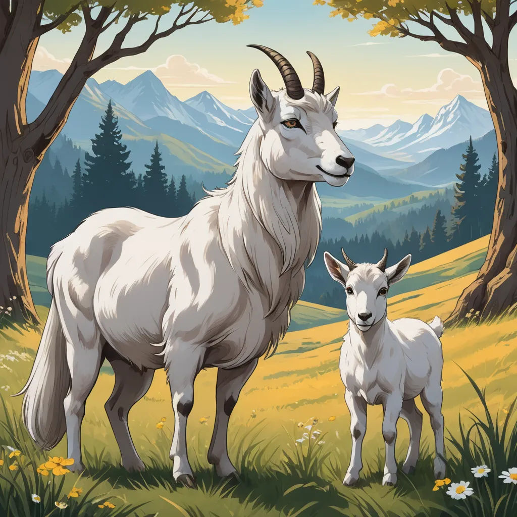 a painting of a goat and a baby goat in a field with mountains in the background and trees in the foreground, generative art, a storybook illustration, Chris LaBrooy, official art