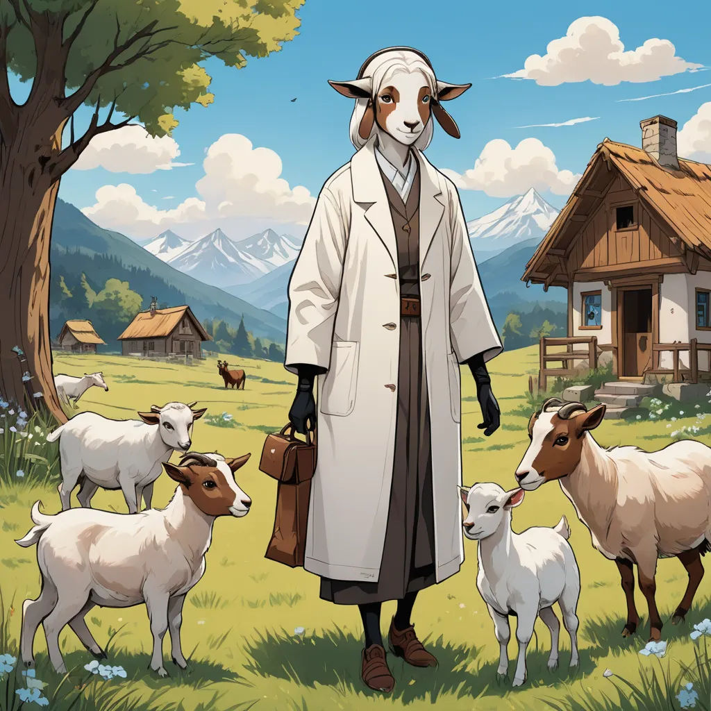 a man in a white coat and some sheep in a field and a house and trees and mountains in the background, regionalism, a storybook illustration, Colin Middleton, official art