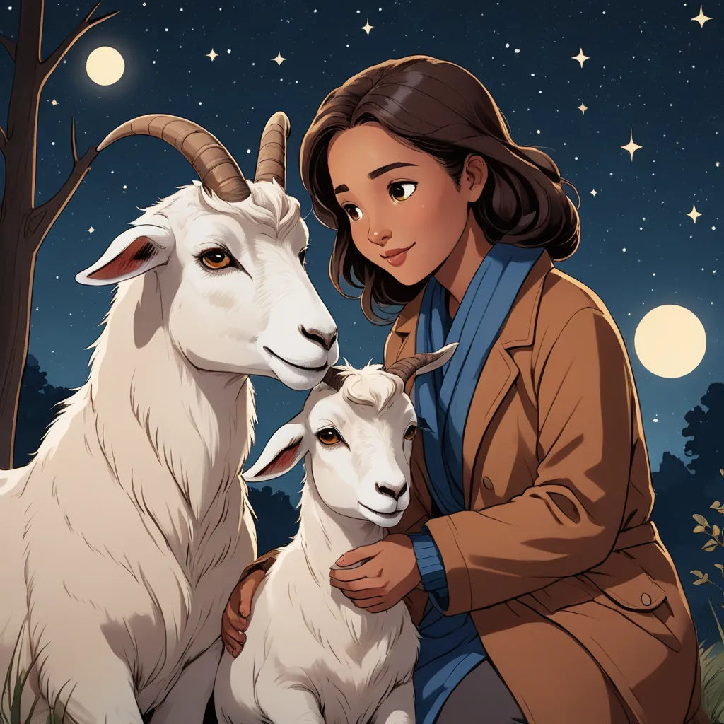 a woman kneeling down next to a goat in a field at night with the moon in the sky behind her, naturalism, a storybook illustration, Atey Ghailan, promotional image