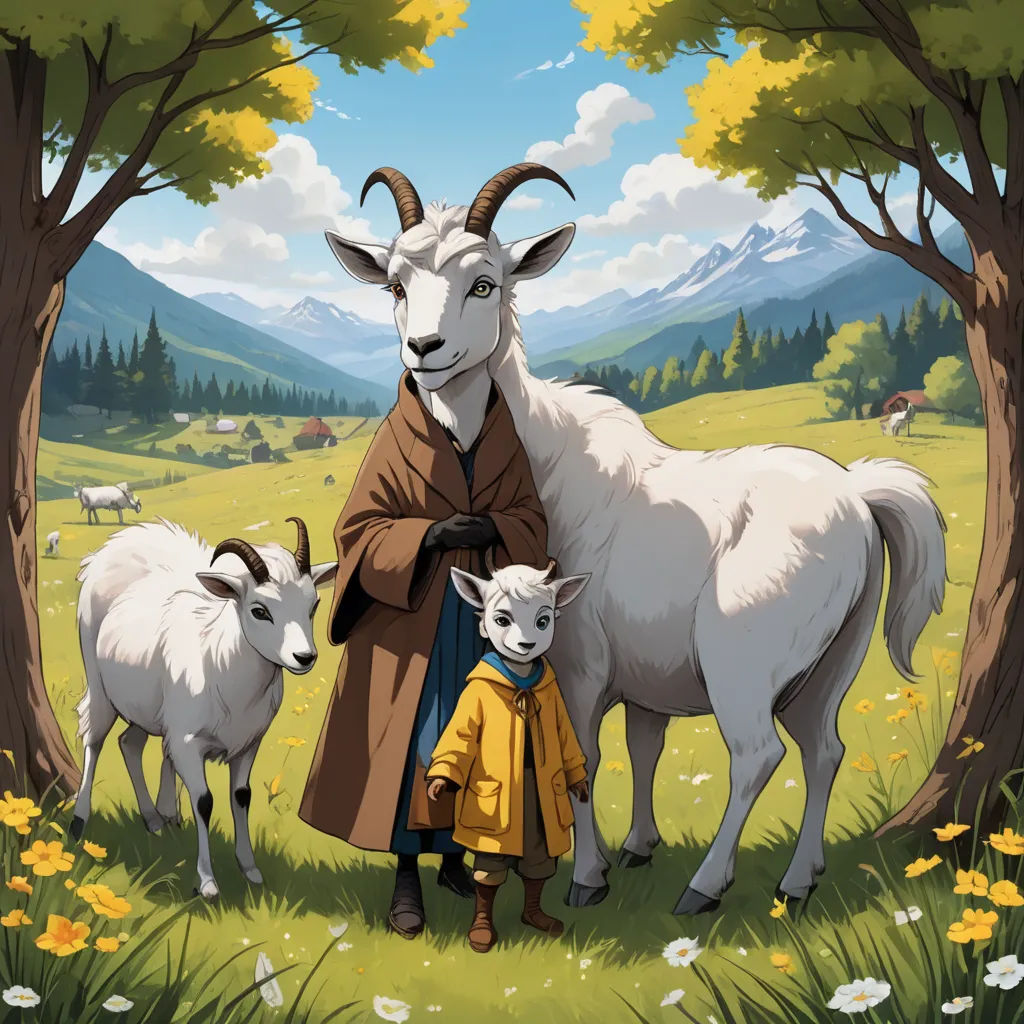 a painting of a man and two goats in a field with mountains in the background and trees in the foreground, private press, an album cover, Chris LaBrooy, promotional image