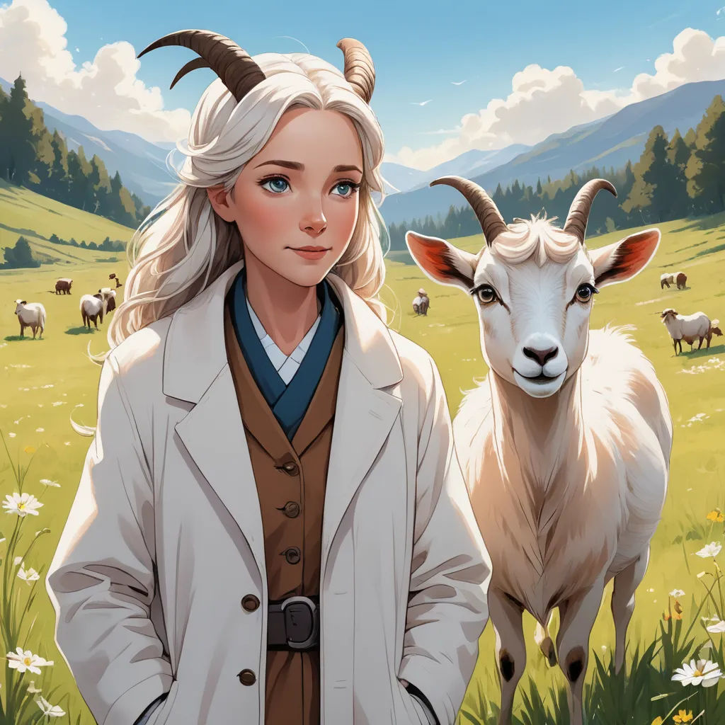 a woman standing in a field with a goat behind her and a mountain in the background with clouds in the sky, furry art, a character portrait, Claire Falkenstein, leesha hannigan