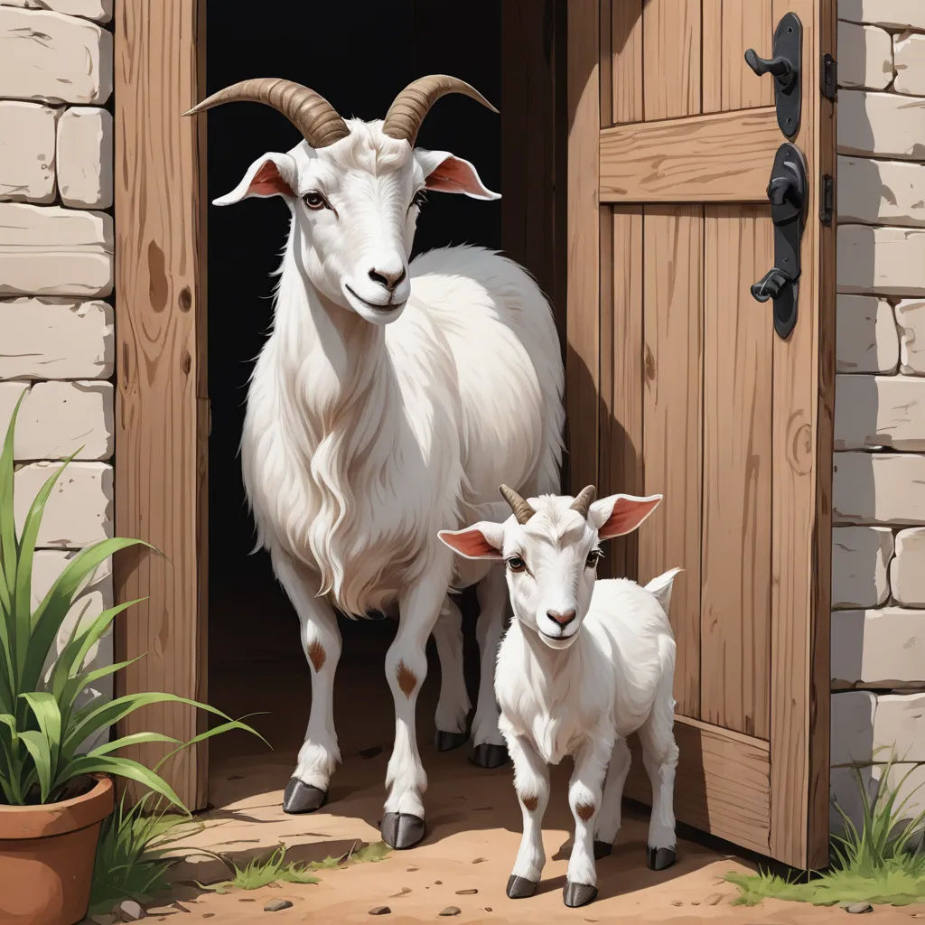 a painting of a goat and its baby in a barn door way with a potted plant in the foreground, altermodern, a storybook illustration, Brothers Hildebrandt, highly detailed digital painting