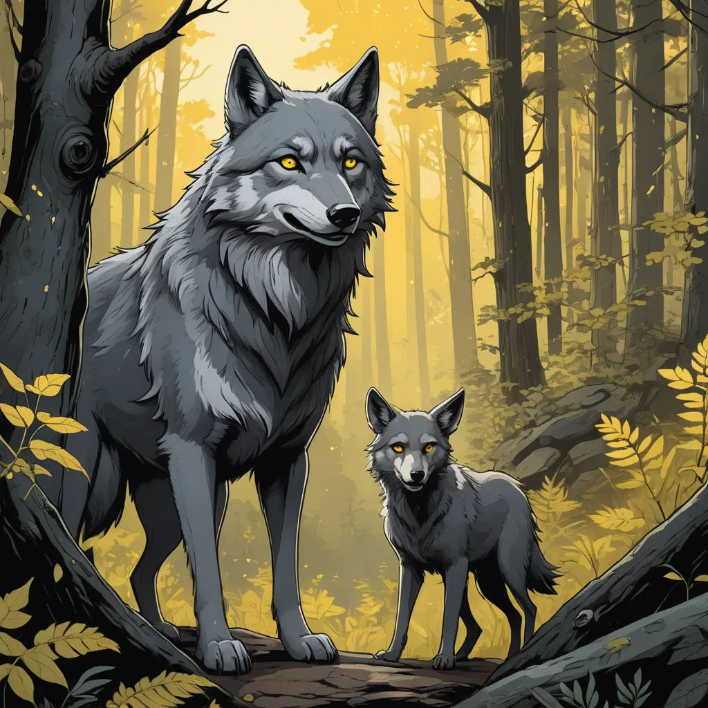 a couple of animals standing on a tree branch in a forest with yellow eyes and leaves on the ground, furry art, concept art, Dan Mumford, comic cover art