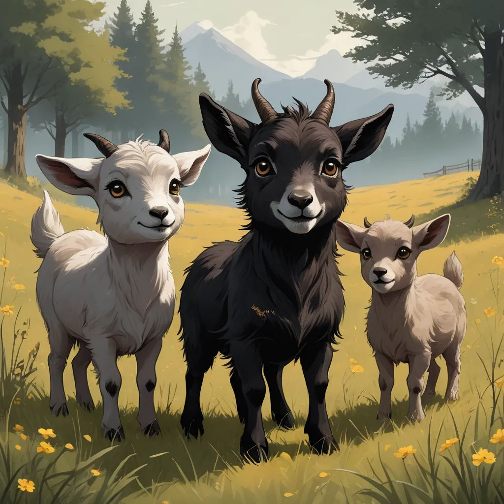 a painting of three goats in a field of grass and flowers with mountains in the background and yellow flowers in the foreground, serial art, an album cover, Chris LaBrooy, official art