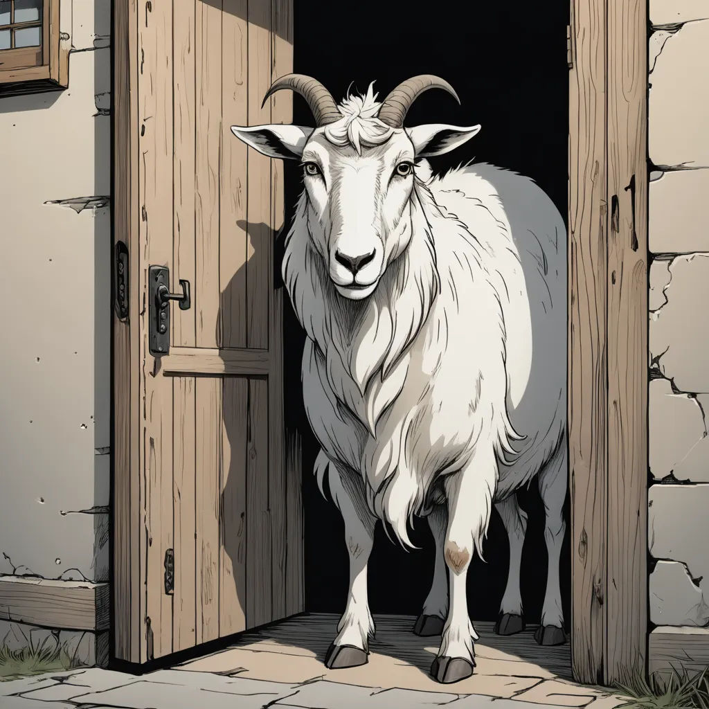 a goat standing in a doorway of a building with a brick floor and a door with a wooden frame, private press, a storybook illustration, Cedric Seaut (Keos Masons), furaffinity