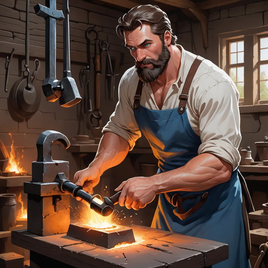 a man working with a hammer in a blacksmith shop with a fire blazing in the background and a hammer in the foreground, fantasy art, concept art, Clint Cearley, epic fantasy character art