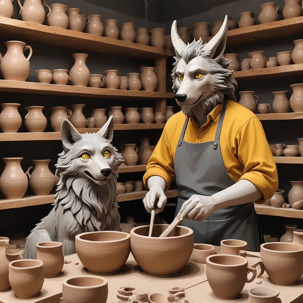 a man with a wolf mask is making clay bowls with a wolf statue nearby on a table with pottery, furry art, a still life, Chris LaBrooy, furaffinity