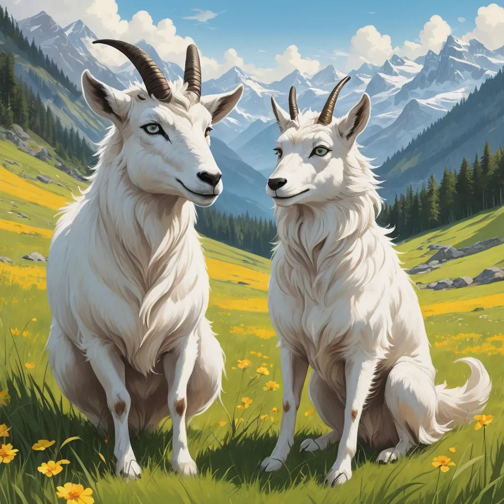 two goats sitting in a field with mountains in the background and yellow flowers in the foreground, with a blue sky and clouds in the background, furry art, an album cover, Brothers Hildebrandt, official art