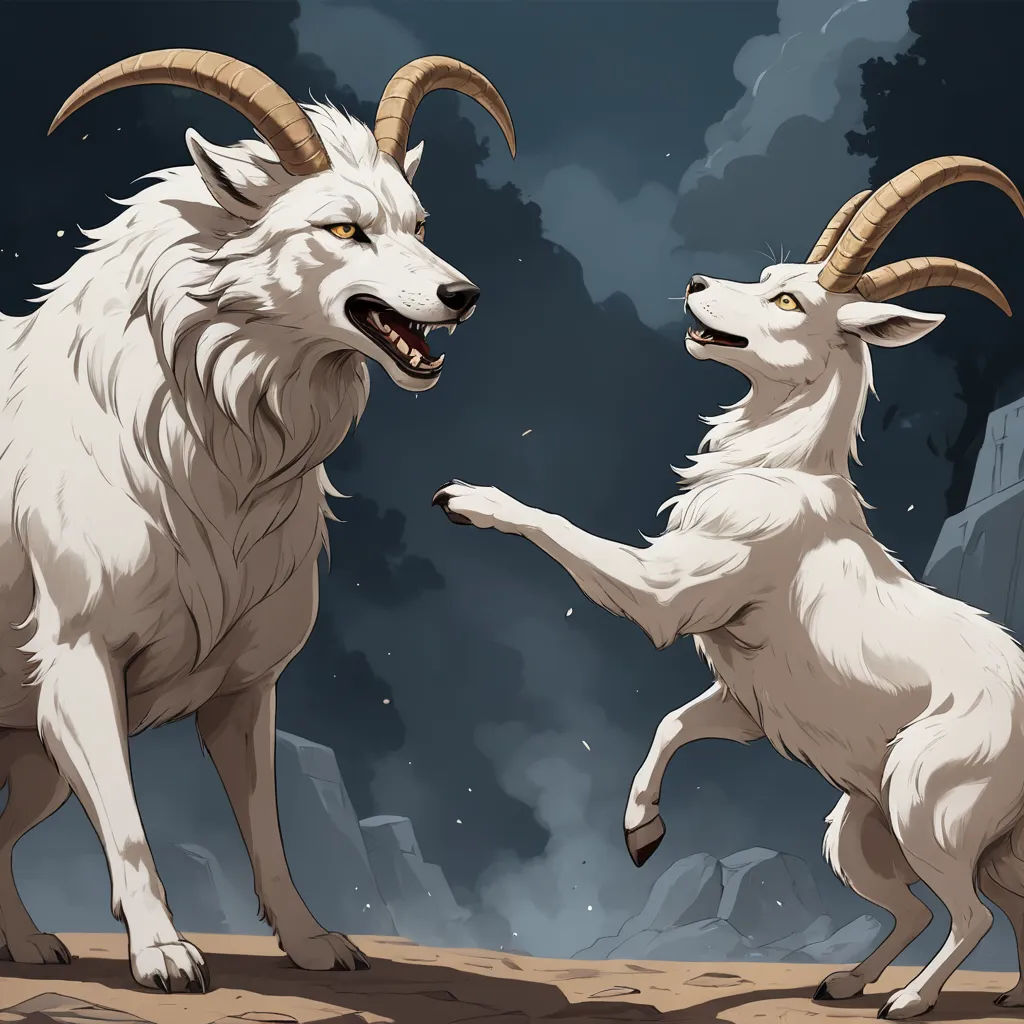 two white goats fighting in a rocky area with a dark sky in the background and a building in the background, furry art, a storybook illustration, Brothers Hildebrandt, official art