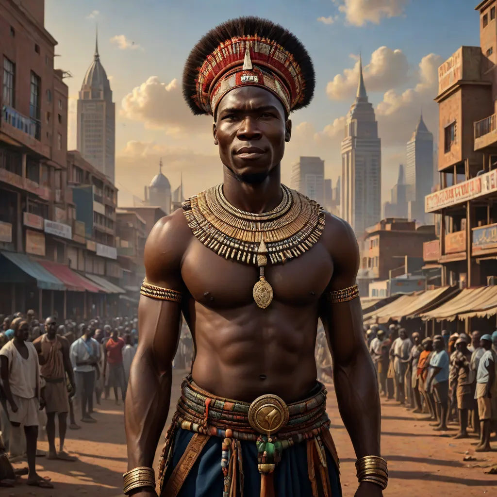 a man in a costume standing in a street with a crowd of people in the background in a digital painting, afrofuturism, a photorealistic painting, Clint Cearley, highly detailed digital painting