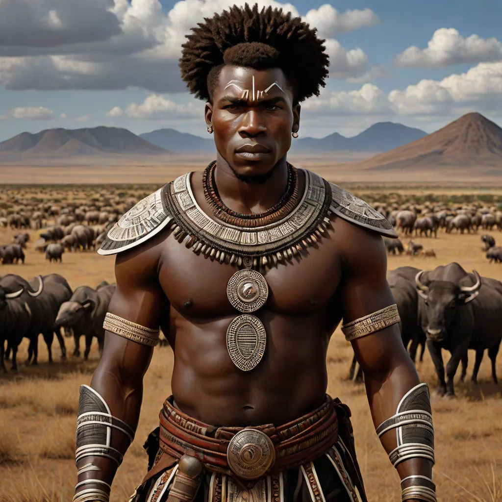 a man in a costume standing in front of a herd of cattle in a field with mountains in the background, afrofuturism, a character portrait, Bruce Onobrakpeya, vfx