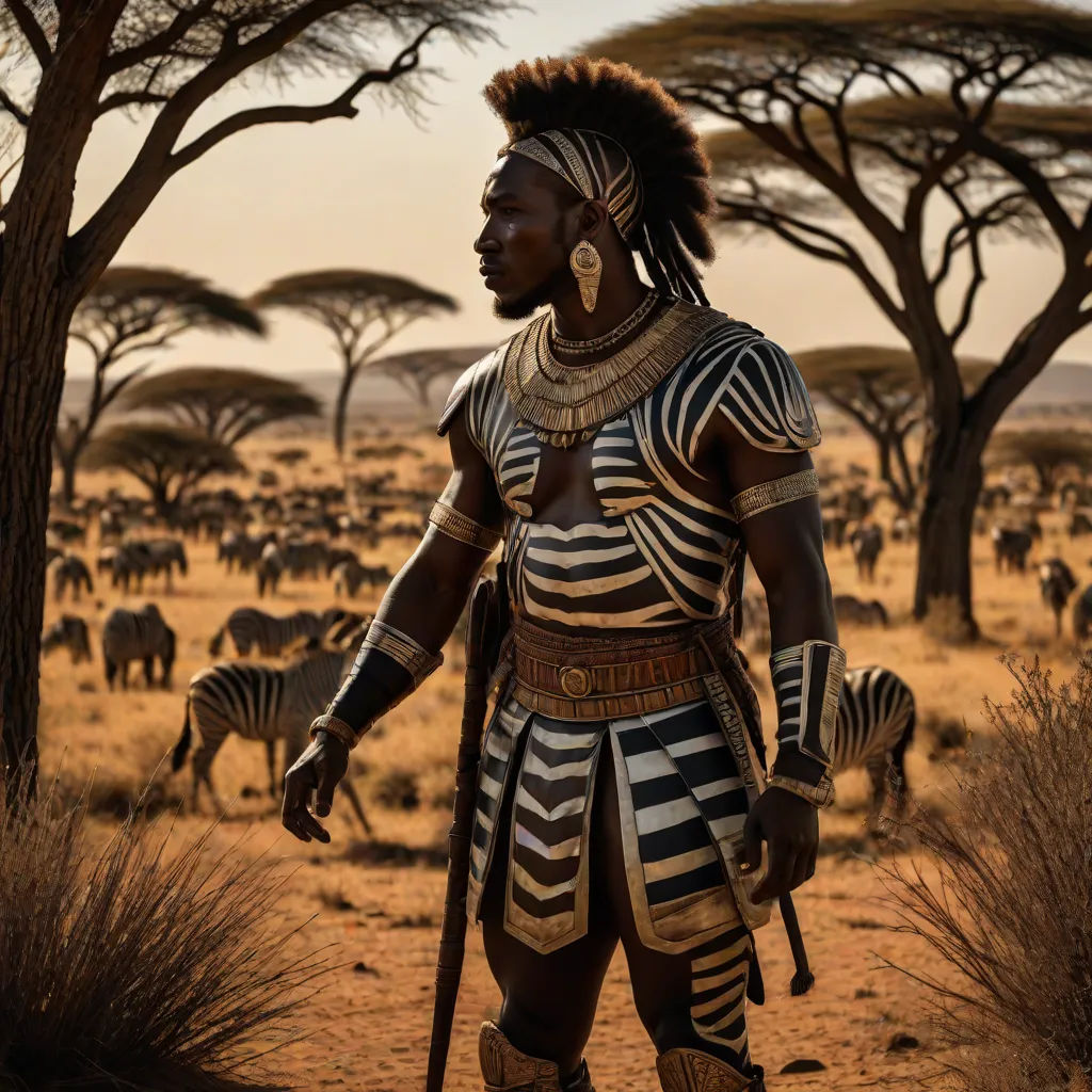 a man in a costume standing in front of a herd of zebras in the desert with trees in the background, afrofuturism, a detailed matte painting, Altichiero, weta digital