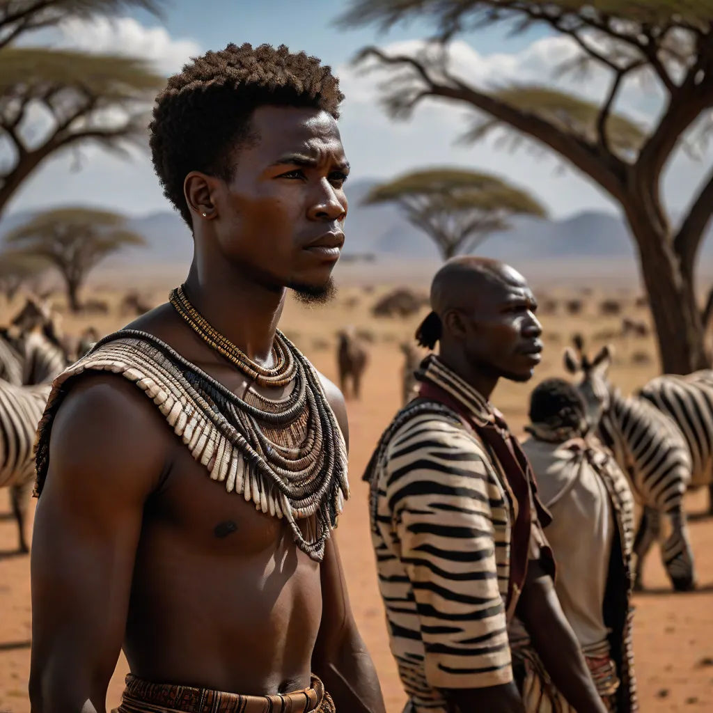 a group of men standing next to each other in front of a herd of zebras in the desert, primitivism, a poster, Bruce Onobrakpeya, promotional image