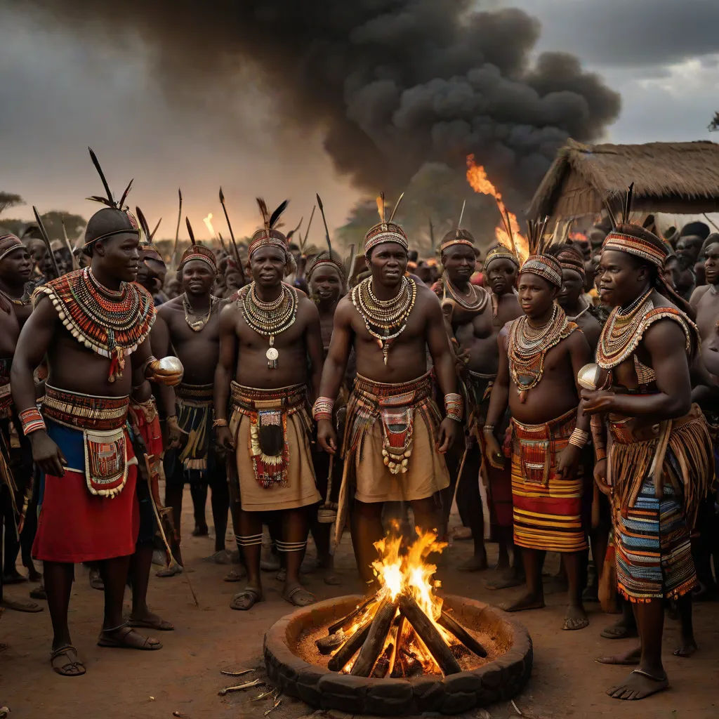 a group of men standing around a fire pit with a fire in the middle of it and smoke billowing out of the sky, primitivism, a photo, ESAO, award - winning photo