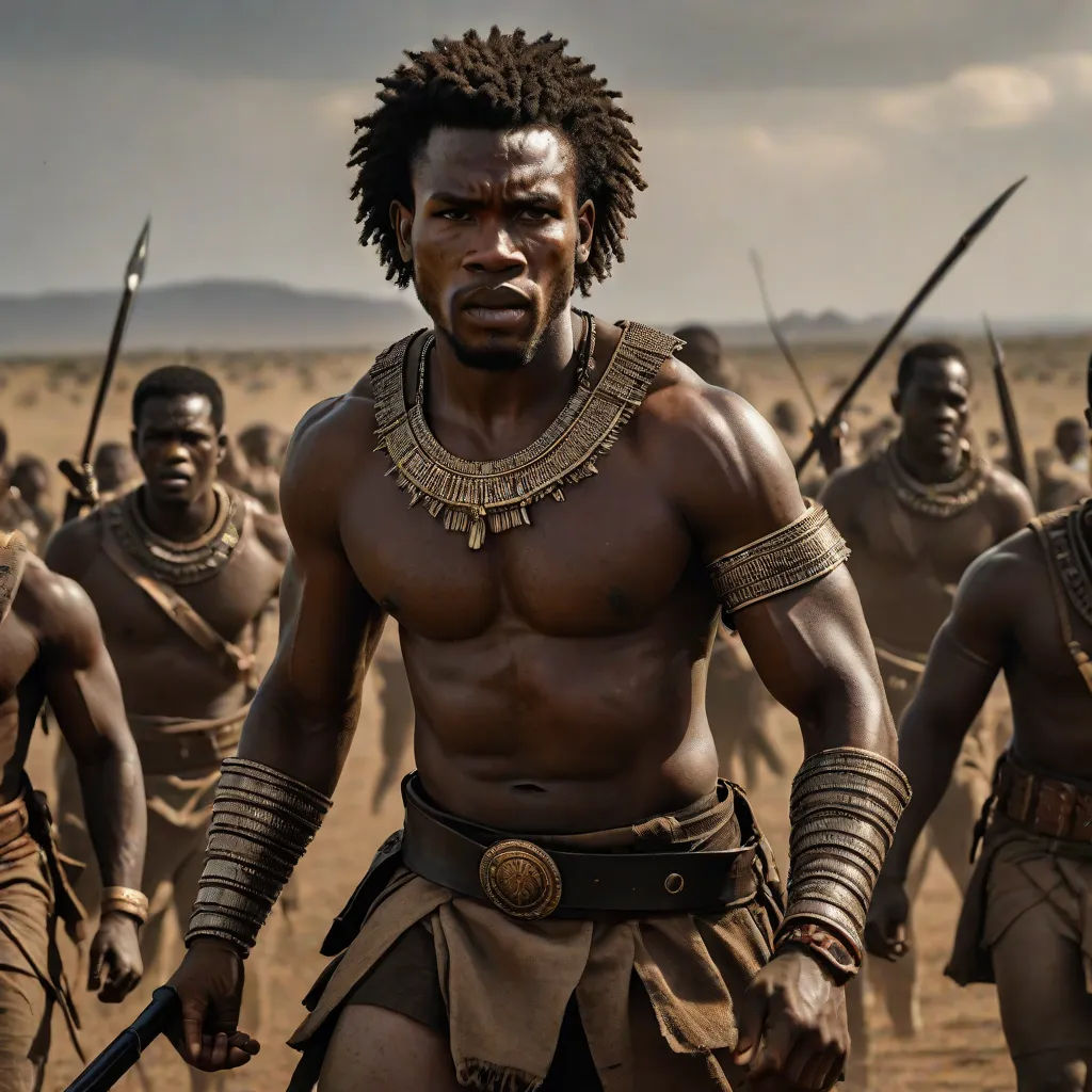 a man with a sword in front of a group of men in costume and weapons in a desert area, black arts movement, a poster, Bruce Onobrakpeya, movie still