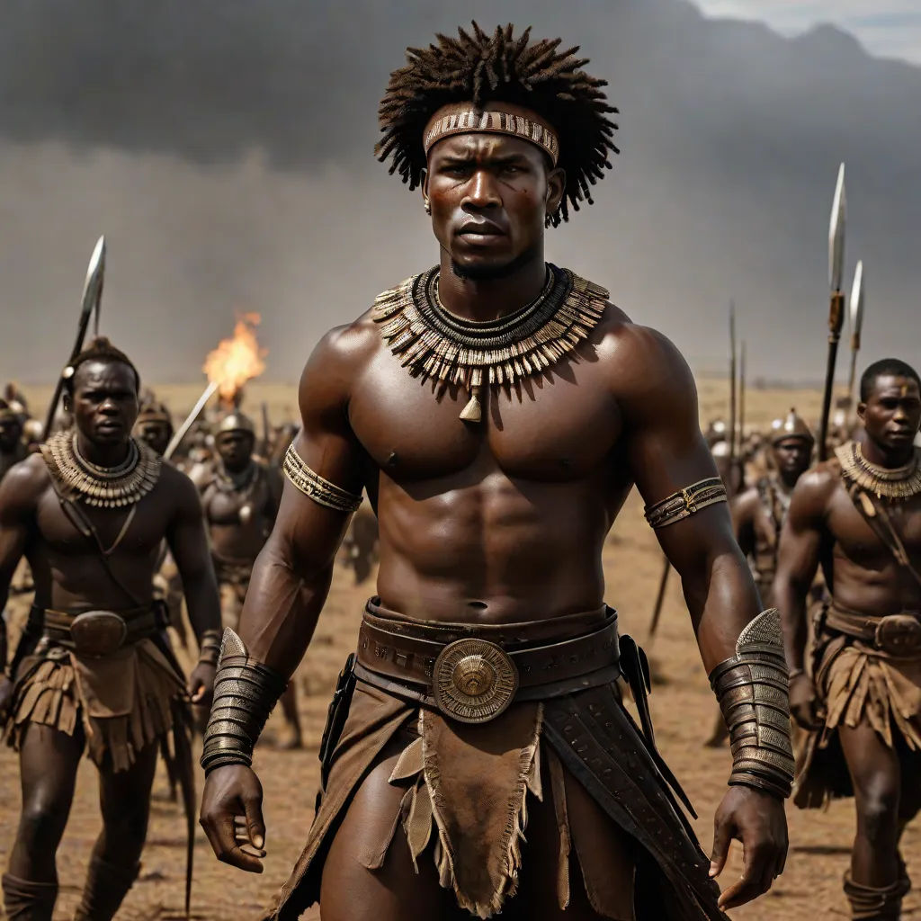 a group of men in african attire walking across a field with spears in their hands and a fire in the background, afrofuturism, a poster, Bruce Onobrakpeya, movie still