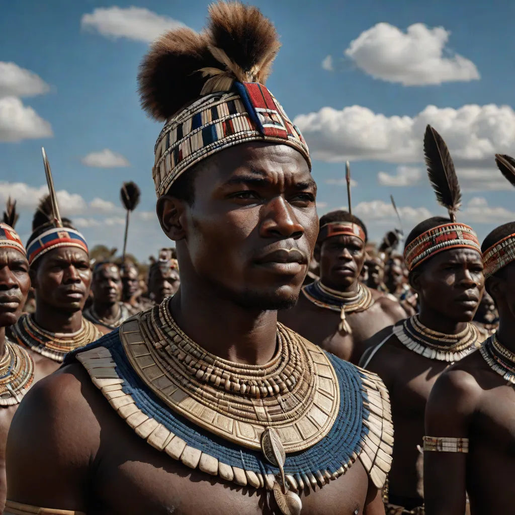 a group of african men wearing headdress and feathers on their heads and shoulders, standing in a line, afrofuturism, a detailed matte painting, Bruce Onobrakpeya, weta digital