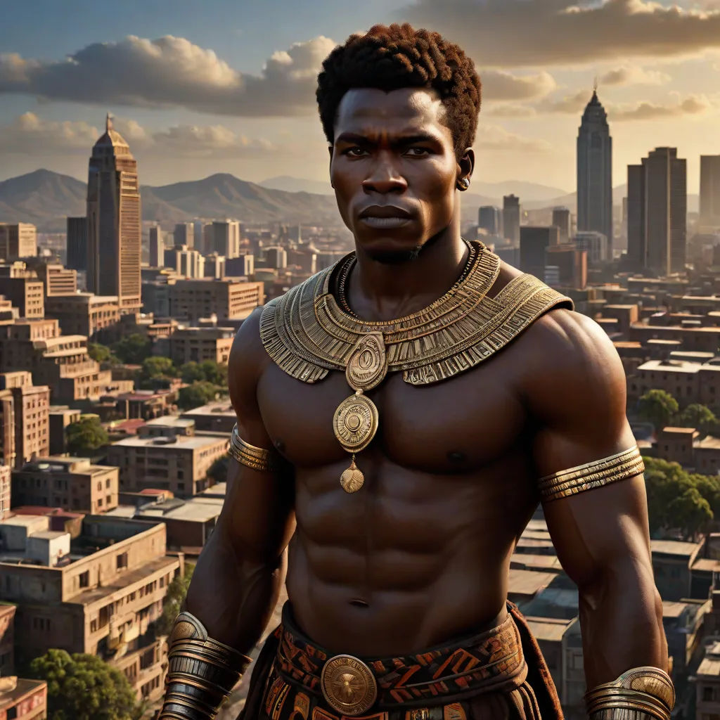 a man in a costume standing in front of a cityscape with a sky background and a sky line, afrofuturism, a detailed matte painting, Altichiero, vfx