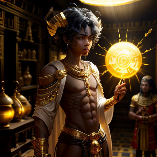 a man in a costume holding a ball in a room with other people around him and a gold ball in his hand