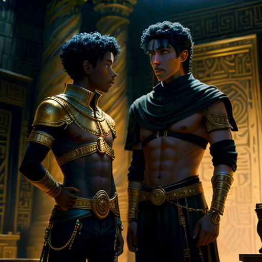 two men in costumes standing next to each other in a room with a gold wall and a ceiling light