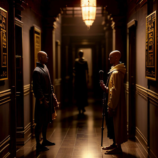 two men standing in a hallway with a light on above them and a lantern hanging from the ceiling above them