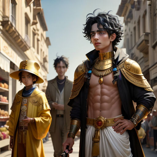 a man in a costume standing next to a boy in a costume on a street with other people in the background