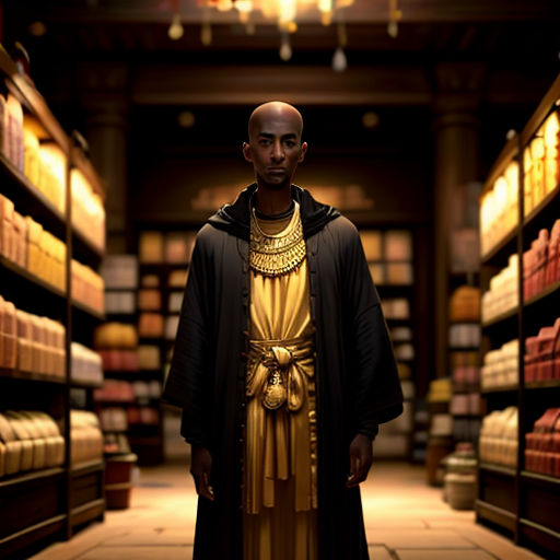 a man in a gold and black outfit stands in a library with shelves of books and a chandelier