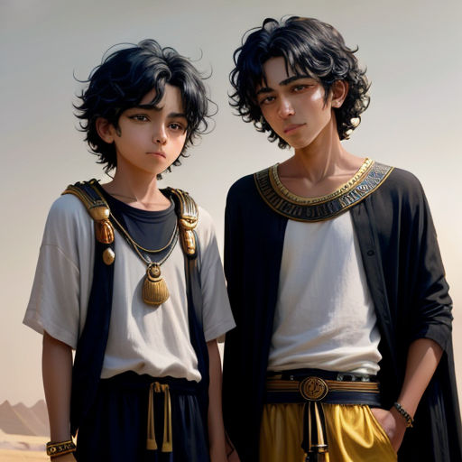 two young men standing next to each other in front of a desert landscape with a pyramid in the background