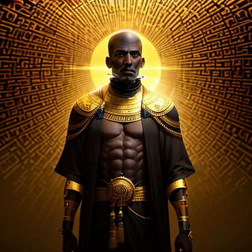 a man in a costume with a golden halo around his neck and chest, standing in front of a golden background