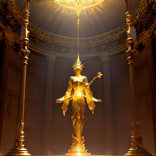 a golden statue in a room with a chandelier and a light fixture above it that is shining