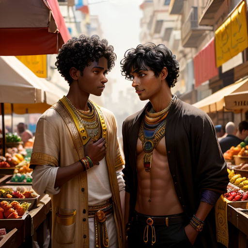 two men standing next to each other in front of a fruit stand with fruit on display in the background