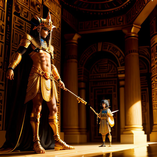 a statue of a man in a golden outfit and a woman in a black dress in a room with columns