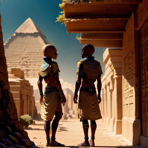 two men in egyptian costumes standing in front of a building with egyptian writing on it and a pyramid in the background