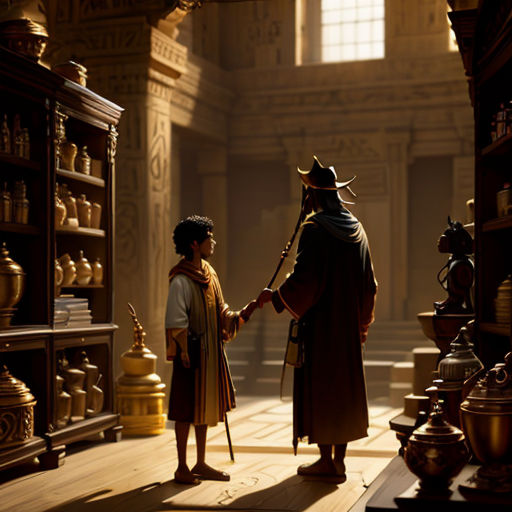 a man and a child in a room with shelves and a clock on the wall and a shelf with pots on the floor