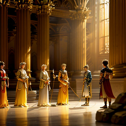 a group of people in costume standing in a room with columns and pillars in the background, with a person sitting on the floor