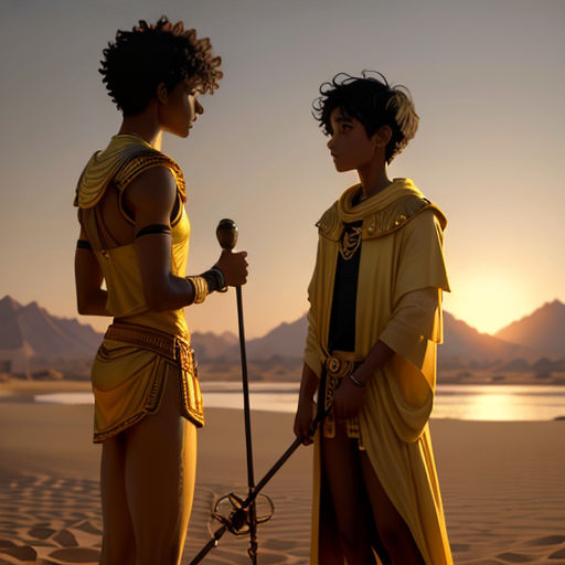 two people in costumes standing on a beach at sunset with a body of water in the background and mountains in the distance