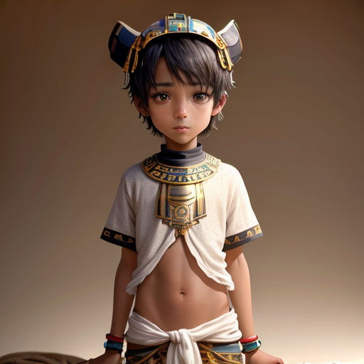 a digital painting of a boy dressed in egyptian clothing and headdress with a shaved head and chest