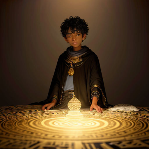 a young man sitting at a table with a golden object in front of him and a black background behind him