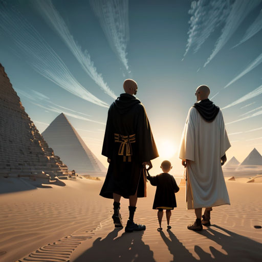 a man and a child standing in front of the pyramids of giza, egypt, with the sun setting behind them