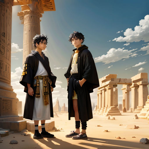 two people standing in front of a pillar in a desert area with clouds in the sky above them and a sky background