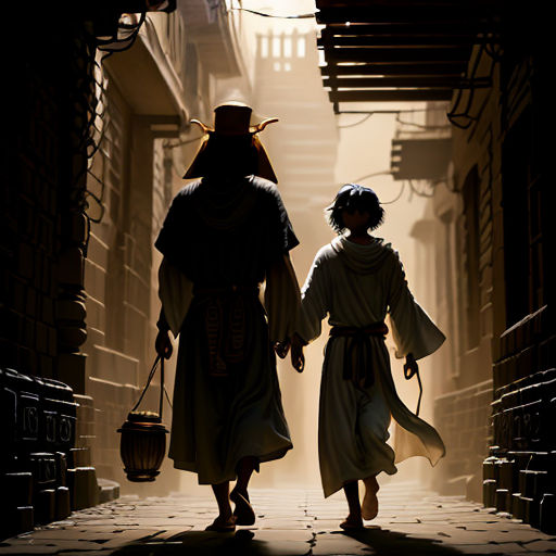 two people walking down a street in a dark alley way with a lantern on their head and a person in a robe on his head